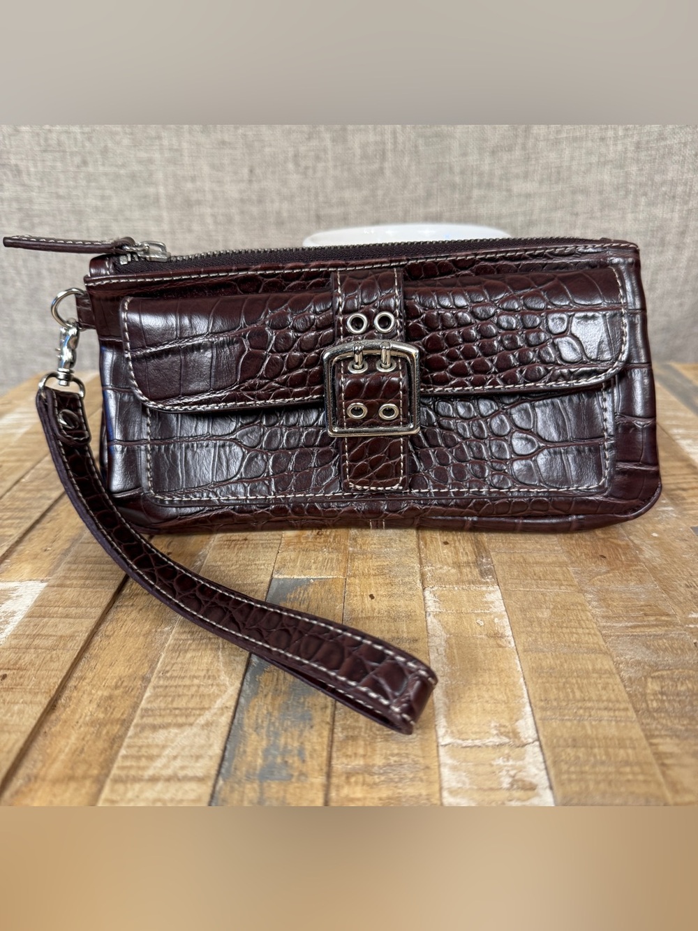 Ann Taylor Faux Crocodile Wristlet in Dark Brown with Silver Buckle Hardware